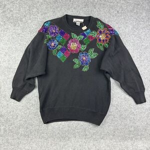 Diana Marco Floral Sequin Sweater Womens Vintage 24W Cottagecore Boho Dolman NOS